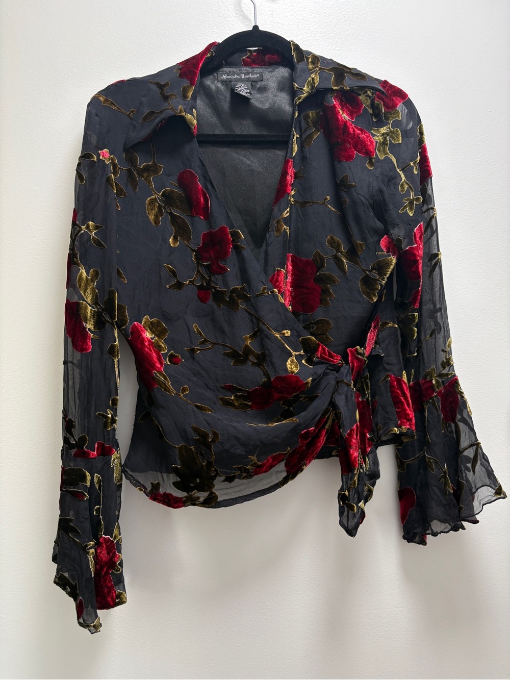 Alexandra Bartlett Black Floral Wrap Blouse w/ Red Velvet Accents- Whimsigoth